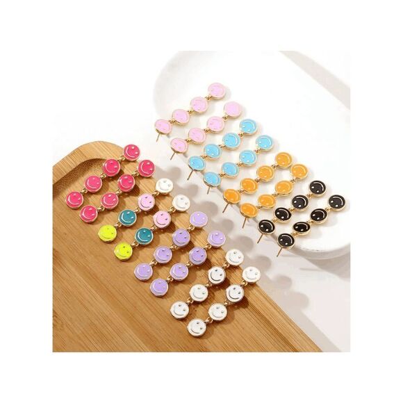 Pink Smiley Face Dangle Earrings, Colorful Enamel Smiley Face Earrings, Happy Fa - Picture 5 of 7